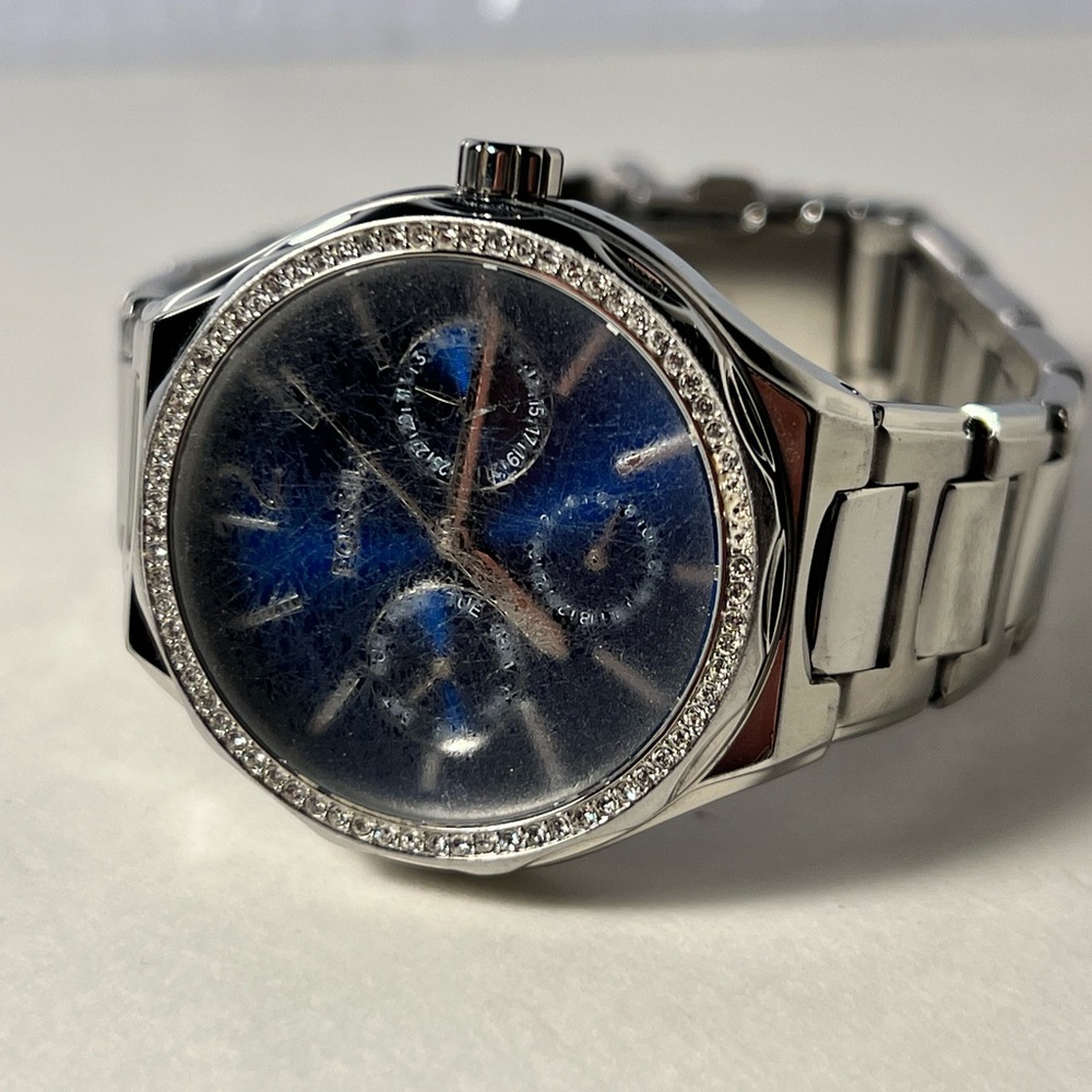 Fossil Eevie Multifunction Silver and Blue Watch with Crystal Accents